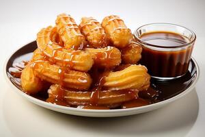 ai gerado churros e chocolate molho em pé em uma prato isolado branco fundo foto