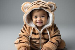 ai gerado retrato do uma bebê criança vestindo uma tigre traje em isolado fundo foto