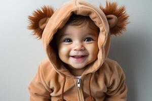 ai gerado retrato do uma bebê criança vestindo uma leão traje em isolado fundo foto