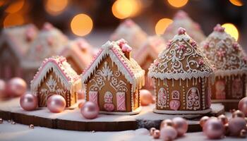 ai gerado caseiro Pão de gengibre casa decoração, doce inverno celebração em mesa gerado de ai foto