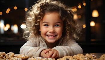 ai gerado sorridente garota, fofa e alegre, olhando às Câmera, cozimento biscoitos gerado de ai foto