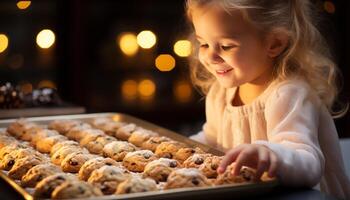 ai gerado fofa meninas cozimento doce caseiro biscoitos, desfrutando a delicioso tratar gerado de ai foto