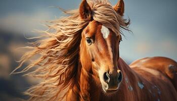 ai gerado lindo cavalo corrida livremente dentro a dourado Prado às pôr do sol gerado de ai foto