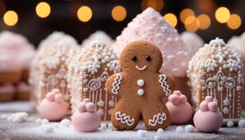 ai gerado caseiro Pão de gengibre biscoitos decorar a inverno sobremesa mesa com alegria gerado de ai foto