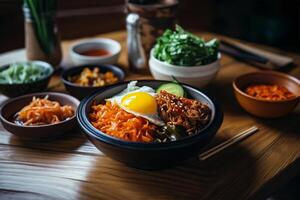 ai gerado uma delicioso bibimbap Kimchi em Preto prato.coreano comida.closeup Visão foto