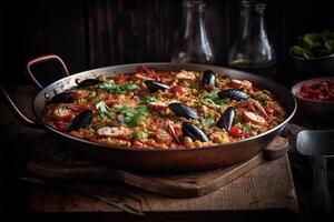 ai gerado frutos do mar paella.fechar acima Visão foto