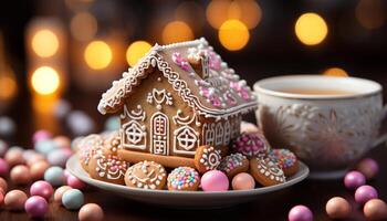 ai gerado caseiro Pão de gengibre bolacha em decorado placa, uma doce inverno tradição gerado de ai foto