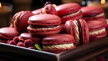 ai gerado uma gourmet macaroon pilha, uma doce indulgência em uma de madeira mesa gerado de ai foto