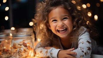 ai gerado sorridente criança, alegre e bonitinho, desfrutando Natal luzes dentro de casa gerado de ai foto