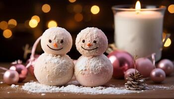ai gerado inverno celebração boneco de neve, vela, Natal decoração, iluminado mesa, brilhando sobremesa gerado de ai foto