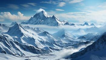 ai gerado majestoso montanha faixa, azul céu, tranquilo cena, congeladas coberto de neve beleza gerado de ai foto