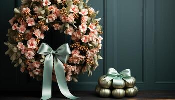 ai gerado romântico Casamento celebração com elegante flor ramalhete em de madeira pano de fundo gerado de ai foto