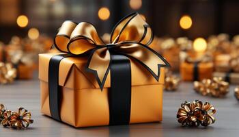 ai gerado brilhante ouro caixa embrulhado dentro festivo Natal decoração gerado de ai foto
