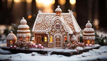 ai gerado caseiro Pão de gengibre casa, decorado com gelo e doce, comemora inverno gerado de ai foto