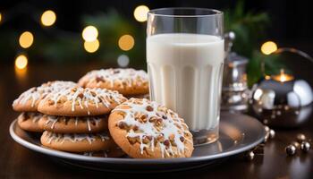 ai gerado caseiro chocolate lasca biscoitos em rústico mesa, Natal celebração gerado de ai foto