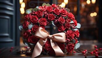 ai gerado romântico Casamento mesa com elegante flor ramalhete e vela decoração gerado de ai foto