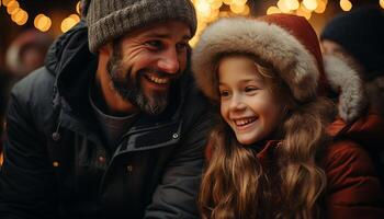 ai gerado sorridente família abraços inverno alegria, criando brincalhão ao ar livre união gerado de ai foto