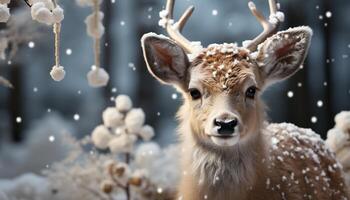 ai gerado fofa veado dentro neve, olhando às Câmera, inverno país das maravilhas gerado de ai foto