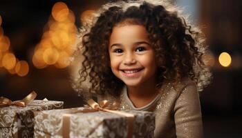 ai gerado sorridente criança detém presente, olhando às Câmera, alegre Natal celebração gerado de ai foto