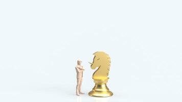 a ouro unicórnio xadrez e homem figura para o negócio conceito 3d Renderização. foto