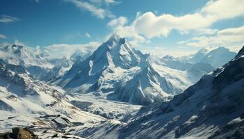 ai gerado majestoso montanha pico, neve coberto paisagem, tranquilo cena, congeladas Prado gerado de ai foto