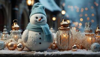ai gerado alegre boneco de neve decora árvore com brilhando Natal enfeites gerado de ai foto