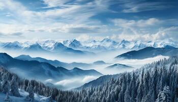 ai gerado majestoso montanha faixa, tranquilo cena, congeladas floresta, azul céu gerado de ai foto