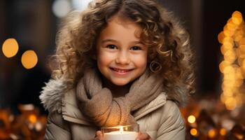 ai gerado sorridente menina comemora Natal, segurando vela perto caloroso Natal árvore gerado de ai foto