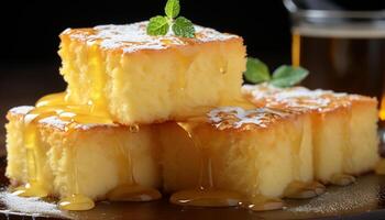 ai gerado caseiro bolo de queijo fatia em madeira placa, doce e refrescante gerado de ai foto