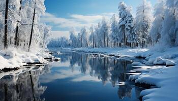 ai gerado inverno panorama neve coberto floresta, tranquilo cena, congeladas lago, majestoso montanhas gerado de ai foto