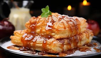 ai gerado recentemente cozido maçã torta em de madeira mesa, uma doce indulgência gerado de ai foto