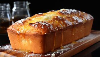 ai gerado caseiro doce torta em de madeira mesa, pronto para comer indulgência gerado de ai foto