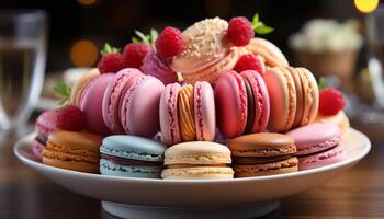 ai gerado gourmet macaroon pilha, uma doce indulgência em uma Rosa prato gerado de ai foto