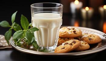 ai gerado recentemente cozido chocolate lasca biscoitos em uma rústico de madeira mesa gerado de ai foto