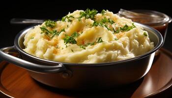 ai gerado saudável vegetariano refeição fresco amassado batatas com derretido manteiga e salsinha gerado de ai foto