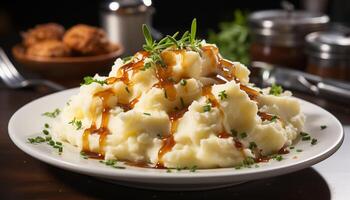 ai gerado recentemente cozinhou gourmet refeição em de madeira mesa, saudável vegetariano opção gerado de ai foto