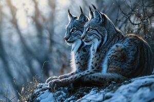 ai gerado dois selvagem linces dentro uma Nevado inverno floresta dentro tarde foto