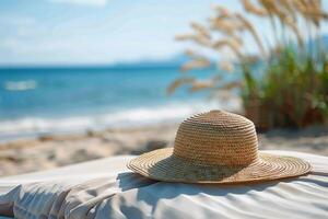 ai gerado quieto relaxamento chapéu de sol em esvaziar espreguiçadeira de a de praia meio dia foto