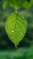 ai gerado Visão fechar acima folha adornado com pingos de chuva, uma natural sinfonia dentro gotas vertical Móvel papel de parede foto