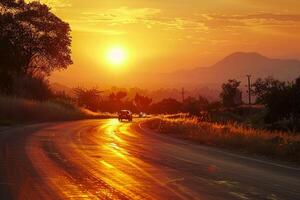 ai gerado carros atravessar uma país estrada debaixo uma hipnotizante dourado pôr do sol foto