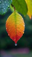 ai gerado Visão fechar acima folha adornado com pingos de chuva, uma natural sinfonia dentro gotas vertical Móvel papel de parede foto