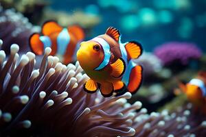 ai gerado embaixo da agua Magia palhaço peixe explorar uma vivaz, colorida coral recife foto