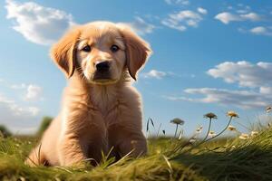 ai gerado adorável cena dourado retriever cachorro senta em exuberante grama, olhando foto