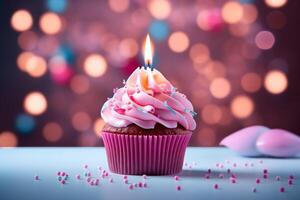 ai gerado doce celebração Bolinho com Rosa creme e queimando vela foto