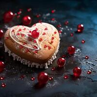 ai gerado doce indulgência coração em forma bolacha com gelo e vermelho coração decoração para social meios de comunicação postar Tamanho foto
