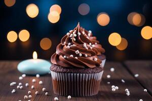 ai gerado chocolate tentação Bolinho em de madeira mesa com coração em forma bokeh foto