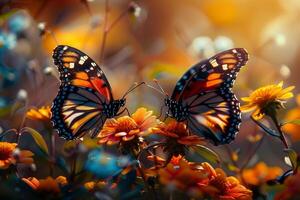 ai gerado uma sinfonia do cores borboletas tremulando por aí esplêndido, florescendo flores foto