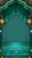 ai gerado islâmico luxo mesquita e árabe Projeto em verde eid fundo vertical Móvel papel de parede foto