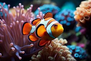 ai gerado coral sinfonia vibrante palhaço peixe nadar em meio a colorida coral recife foto