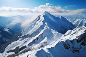 ai gerado montanha majestade panorâmico Nevado Visão a partir de a topo do montanhas foto